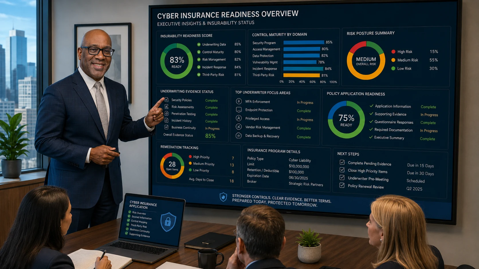 Cyber insurance readiness advisory for executive underwriting evidence control maturity risk posture and remediation tracking