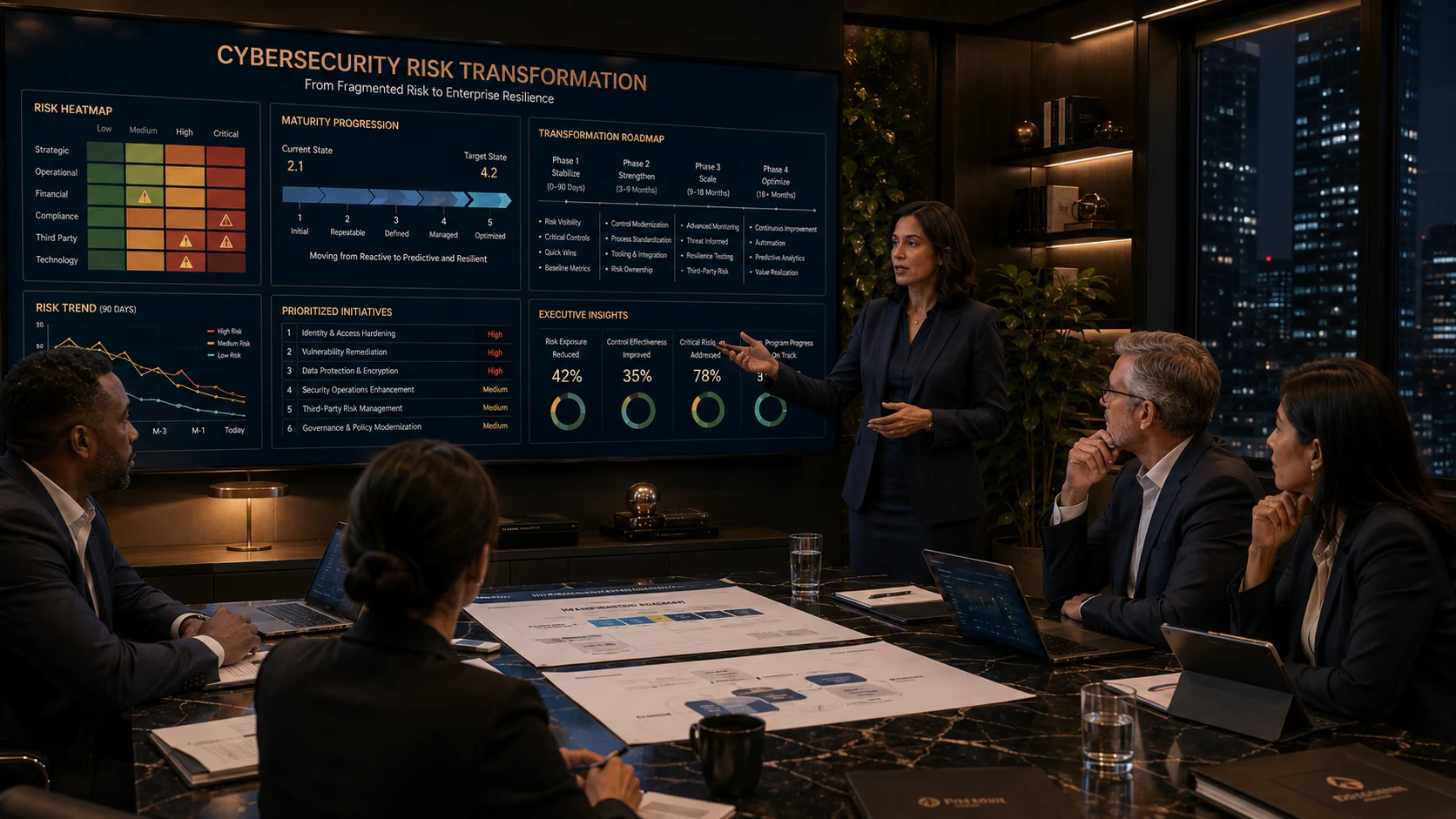 Cybersecurity risk transformation advisory for executive risk visibility maturity improvement and control modernization
