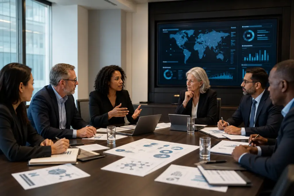 Executive cybersecurity governance advisory meeting with leaders reviewing risk and AI oversight strategy