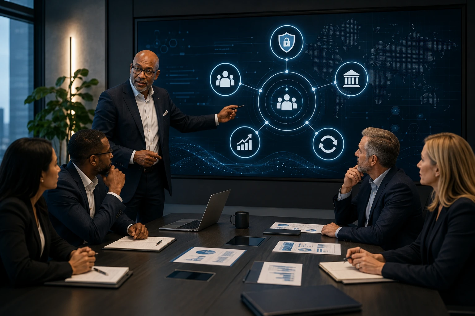 Executive cybersecurity advisory team reviewing governance risk resilience and operating model capabilities