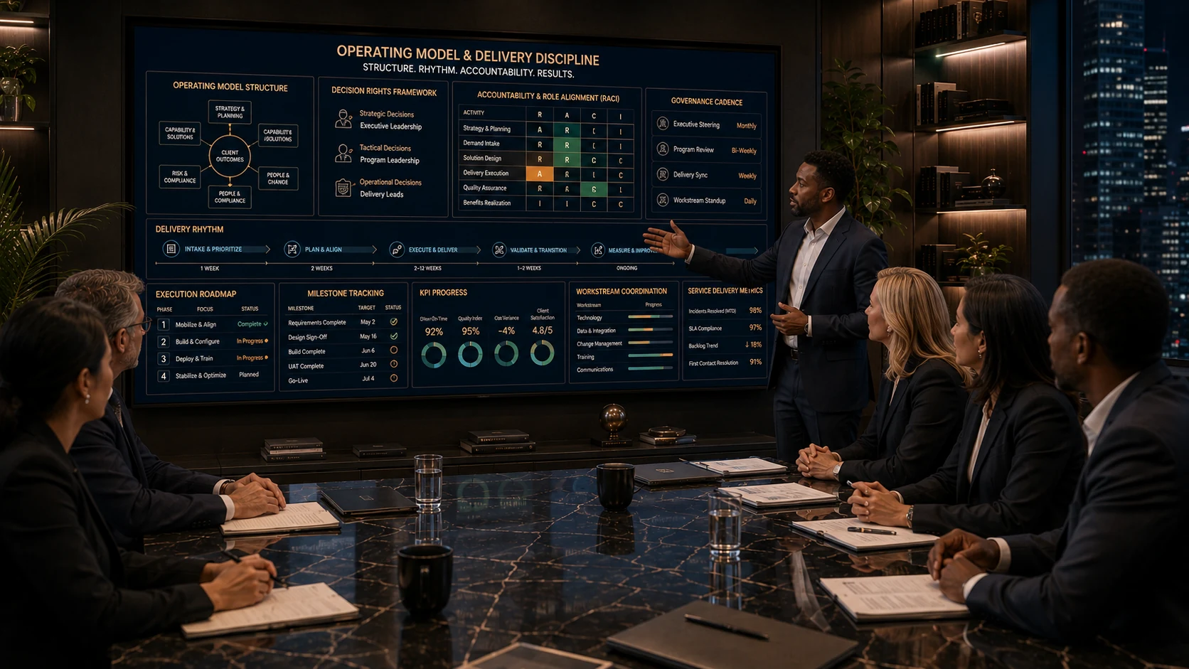 Operating model delivery discipline advisory for executive accountability governance cadence and measurable execution