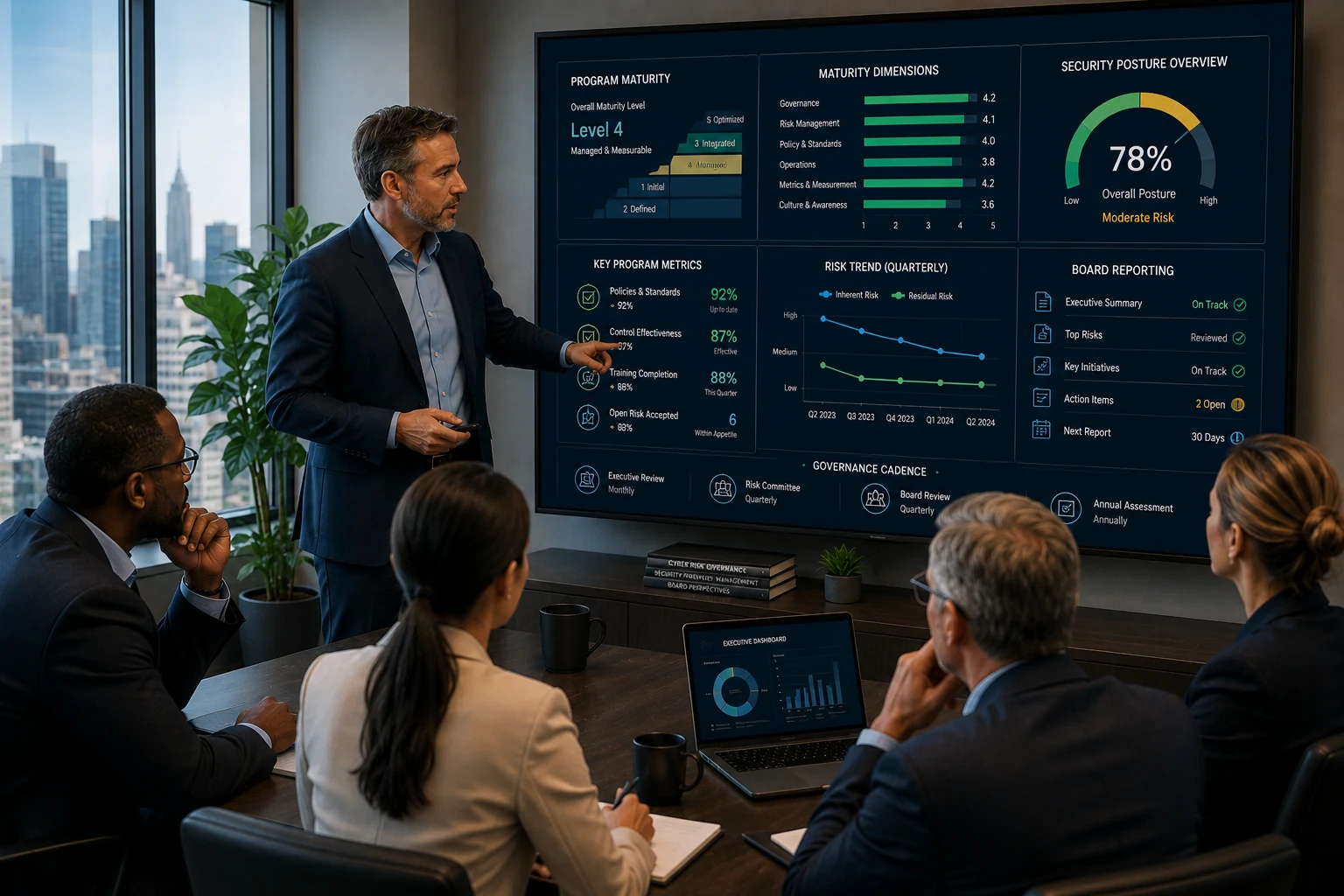 Security program maturity board reporting advisory for executive risk visibility governance cadence and measurable progress