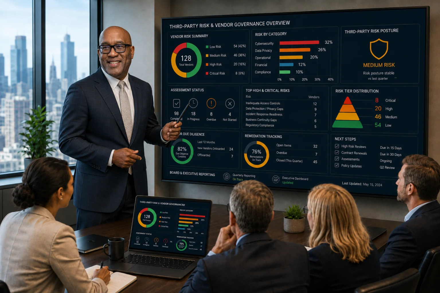 third-party risk vendor governance advisory for executive vendor risk oversight assessment status remediation tracking and board reporting